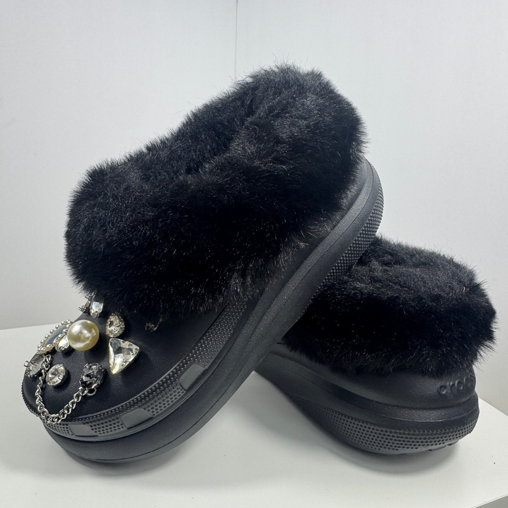 Crocs Furever Crush Clog Shoes Womens Size 7 Black Platform Faux Fur Lined Bling